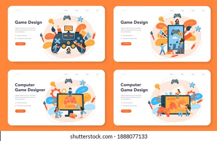 Game designer web banner or landing page set. Creative process of a computer video game building and development. Digital technology, programming and codding. Isolated flat vector illustration