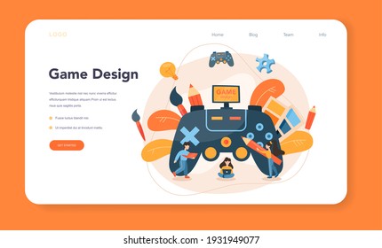 Game designer web banner or landing page. Creative process of a computer video game building and development. Digital technology, programming and codding. Isolated flat vector illustration