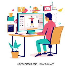 Game designer at work flat vector illustration. Freelancer animator programming gaming character on computer sitting at desk table in home office