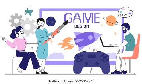 Game designers team. Man and woman with gamepad near monitor screen. Programmers and IT specialists write code for applications and programs. Linear vector illustration isolated on white background