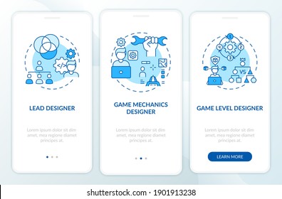 Game designers types onboarding mobile app page screen with concepts. Game mechanics designer on project walkthrough 3 steps graphic instructions. UI vector template with RGB color illustrations