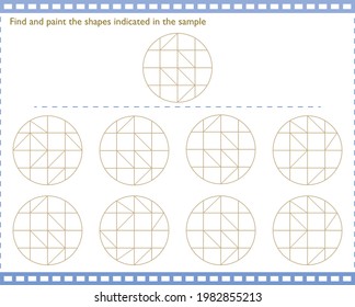 A game to develop attention. Find among the figures that are shown in the sample and color them