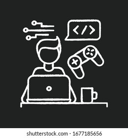 Game developer chalk white icon on black background. Freelancer, remote game software programmer. Virtual reality creating, coding, computer programming. Isolated vector chalkboard illustration