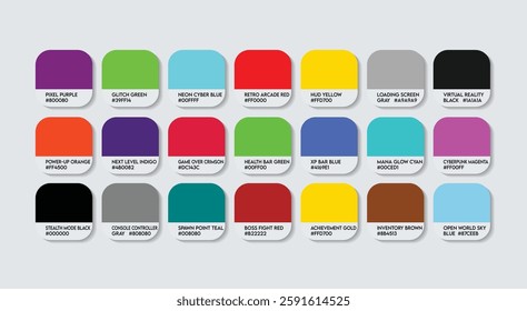 Game Developer Color Guide Palette with Color Names. Catalog Sample Game Developers with RGB HEX codes and Names. Game Developer Color Palette, Fashion Trend neon Color Palette. game screen colors