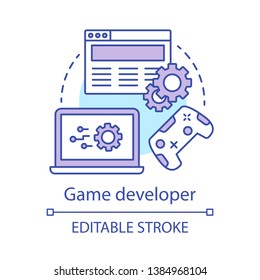 Game developer concept icon. Search, install, configure game. Programmer work. Gaming software programming, testing idea thin line illustration. Vector isolated outline drawing. Editable stroke