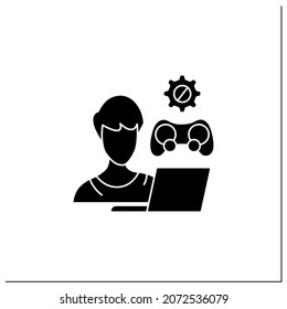 Game developer glyph icon. Programmer. Create gaming code, software.Plan, design, produce video games. Freelance professions concept.Filled flat sign. Isolated silhouette vector illustration
