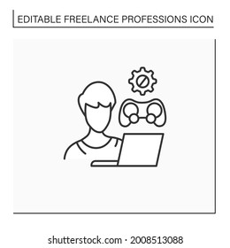 Game developer line icon. Programmer. Create gaming code, software.Plan, design, produce video games. Freelance professions concept. Isolated vector illustration. Editable stroke
