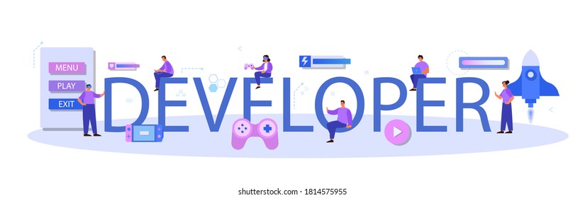 Game developer typographic header. Creative process of a computer video game design. Digital technology, programming and codding. Isolated flat vector illustration