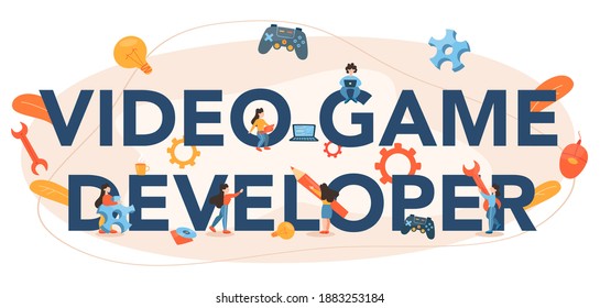 Game developer typographic header. Creative process of a computer video game design. Digital technology, programming and codding. Isolated flat vector illustration