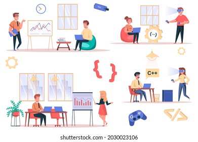 Game developer working isolated elements set. Bundle of employees analyze data, programmers write code, work on projects, gaming industry. Creator kit for vector illustration in flat cartoon design