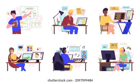 Game developers. Digital gaming industry employee, geek at work, process of software programming, concept formation, design and sounds, men and women vector cartoon flat isolated set