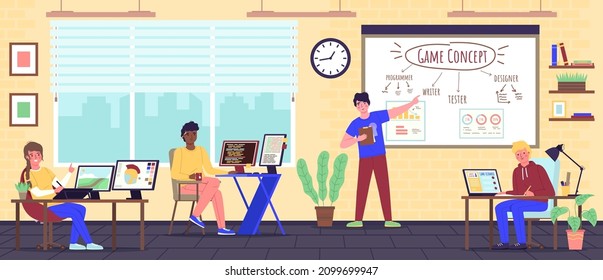 Game developers team in office. Geeks in coworking, digital entertainment production, coders, designers and screenwriters, brainstorming and teamwork on meeting vector isolated concept