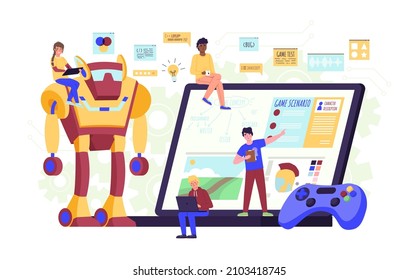 Game developers team. People group work, digital entertainment production process, gaming industry employee, geek lifestyle, tiny people with huge robot and laptop vector isolated concept