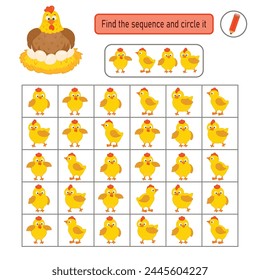 Game for developing logic and attention. Educational materials for children. Chicken and colorful eggs. Printable sheet