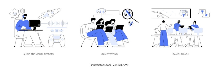 Game development abstract concept vector illustration set. Professional IT worker adding visual effects, diverse people testing new game, launching new IT product, gaming industry abstract metaphor.