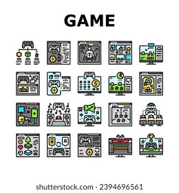 game development computer icons set vector. technology screen, software play, application pc people, young app developer, office game development computer color line illustrations