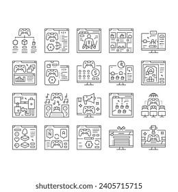 game development computer icons set vector. technology screen, software play, application pc people, young app developer, office game development computer black contour illustrations