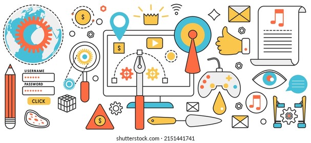 Game development for computer, mobile phone. Abstract modern digital application, video gaming and data signs, joystick and developers tools in infographic concept banner, thin line art design