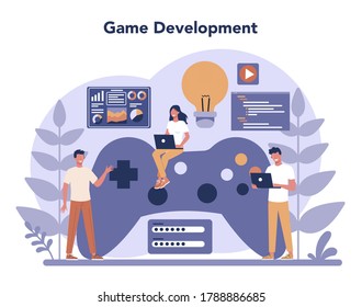 Game development concept. Creative process of a computer video game design. Digital technology, programming and codding. Isolated flat vector illustration