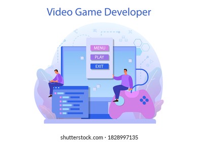 Game development concept. Creative process of a computer video game design. Digital technology, programming and codding. Isolated flat vector illustration