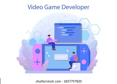 Game Development Concept. Creative Process Of A Computer Video Game Design. Digital Technology, Programming And Codding. Isolated Flat Vector Illustration