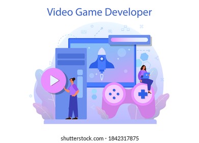 Game development concept. Creative process of a computer video game design. Digital technology, programming and codding. Isolated flat vector illustration