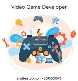 Game development concept. Creative process of a computer video game design. Digital technology, programming and codding. Isolated flat vector illustration