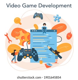 Game development concept. Creative process of a computer video game design. Digital technology, programming and codding. Isolated flat vector illustration