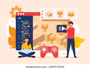 Game development concept. The creative process of a computer video game design. Digital technology, programming, and codding flat vector illustration