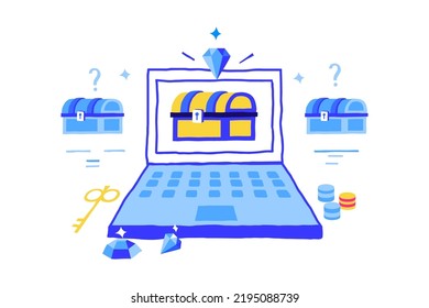 Game Development Concept. Doodle VR Technology And Gaming Mechanics Trendy Objects. Laptop Screen. Loot Chest. Treasure Box. Virtual Reality Simulation. Playing Prizes. Vector Illustration