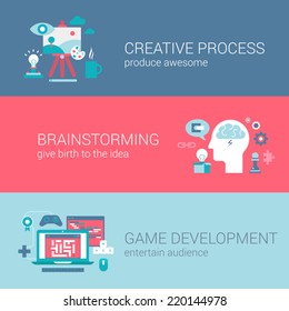 Game development concept flat icons set of creative process brainstoming idea and vector web banners illustration print materials website click infographics elements collection
