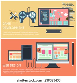 Game development concept with item icons such as laptop, joystick and coding page in flat design style. Web design computer monitor with screen of program for design and architecture