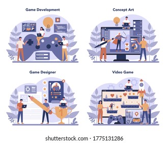 Game development concept set. Creative process of a computer video game design. Digital technology, programming and codding. Isolated flat vector illustration