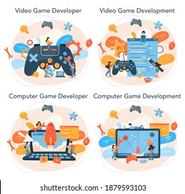 Game development concept set. Creative process of a computer video game design. Digital technology, programming and codding. Isolated flat vector illustration