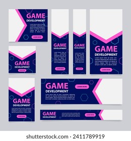 Plantilla de diseño de banners web del curso de desarrollo de juegos. Volante vectorial con espacio de texto. Cartel publicitario con espacio de copia personalizado. Cartel promocional imprimible para publicidad. Diseño gráfico