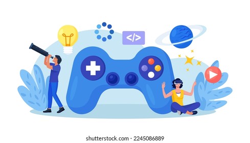 Game development. Creative process of video game design. Programming, digital technology and coding. Virtual world development, interactive design visualization. VR space exploring and simulation