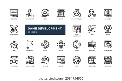 game development gaming coding project studio detailed outline line icon set