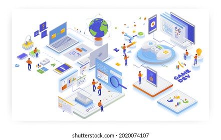 Game development. Gaming industry. Mobile and computer games production, vector isometric illustration.