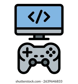 Game development icon flat line style illustration representing the creation and design of video games, suitable for software development, entertainment, and technology-related projects