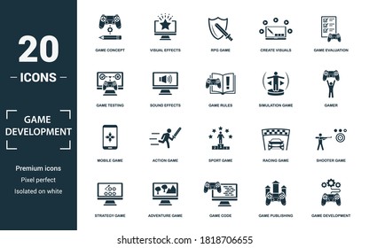 Game Development icon set. Collection of simple elements such as the game concept, visual effects, rpg game, create visuals. Game Development theme signs.