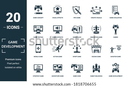 Game Development icon set. Collection of simple elements such as the game concept, visual effects, rpg game, create visuals. Game Development theme signs.