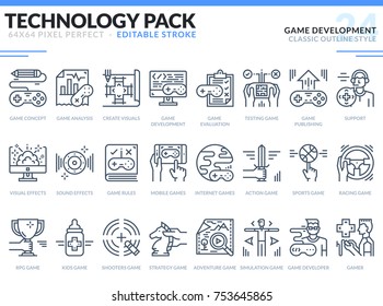 Game Development Icons Set. Editable Stroke. Technology outline icons pack. Pixel perfect thin line vector icons for web design and website application.