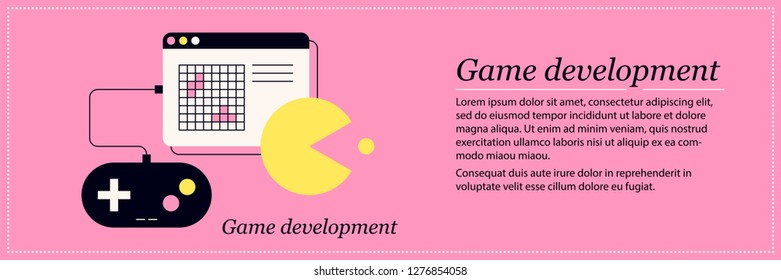 Game development illustration. Elegant flat style on pink background. Programming, code optimization, design documents.
