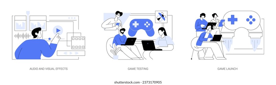 Game development isolated cartoon vector illustrations set. Professional IT worker adding visual effects, diverse people testing new game, launching new IT product, gaming industry vector cartoon.