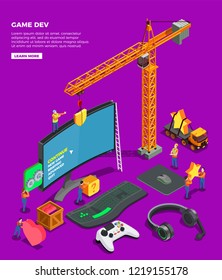 Game development isometric composition with big screen keyboard joystick for video game headphones and crane as symbol of game industry vector illustration