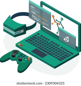 Game Development Isometric Logo Illustration. Unity VR Virtual Reality Game Controller Laptop Programming Software Development. svg