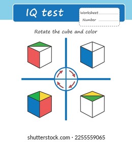 A game for the development of logic and attention in children. Rotate the cube and color the faces. printed sheet. Vector illustration. Practice test iq.