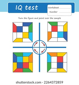 Game for the development of logic and attention in children. Turn the figure and paint over the sample. Printed sheet. Vector illustration. Practice test iq.