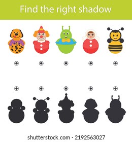 Juego para el desarrollo de la lógica para los niños. Encuentra la sombra correcta. Ilustración vectorial de dibujos animados de un poste-roly 
