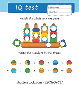 Game for the development of logic for children. Match the whole and the part.
Write the numbers in the circles. Vector illustration